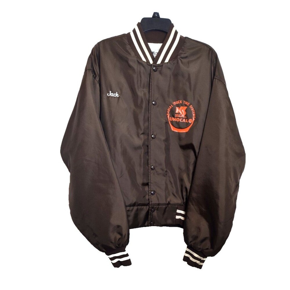 Men XXL 90s Unocal 76 West Wind Buccaneer Brown Satin Trucker Jacket made USA